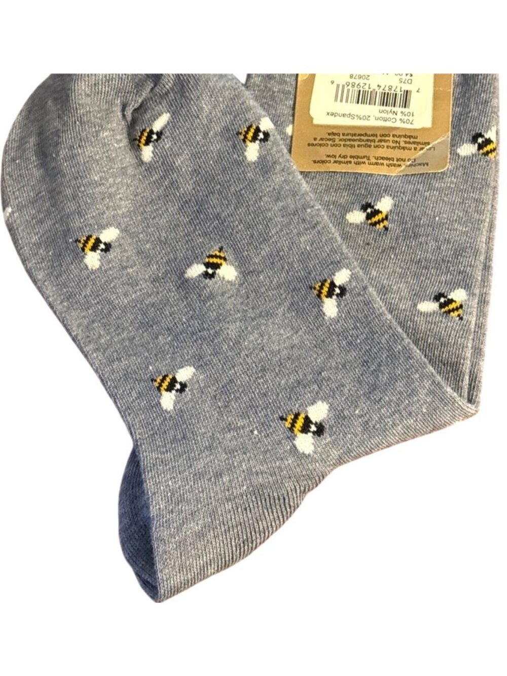Womens Fashion Leg Express Bee Print Crew Socks 1 Pr Sz 4-10 Gray Yellow NWT - Picture 2 of 7